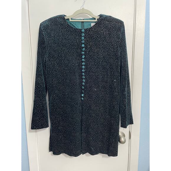 VTG Velvet Tunic Blouse Size 14 Emerald Green Metallic Silver Dot Front Slit - Picture 1 of 8